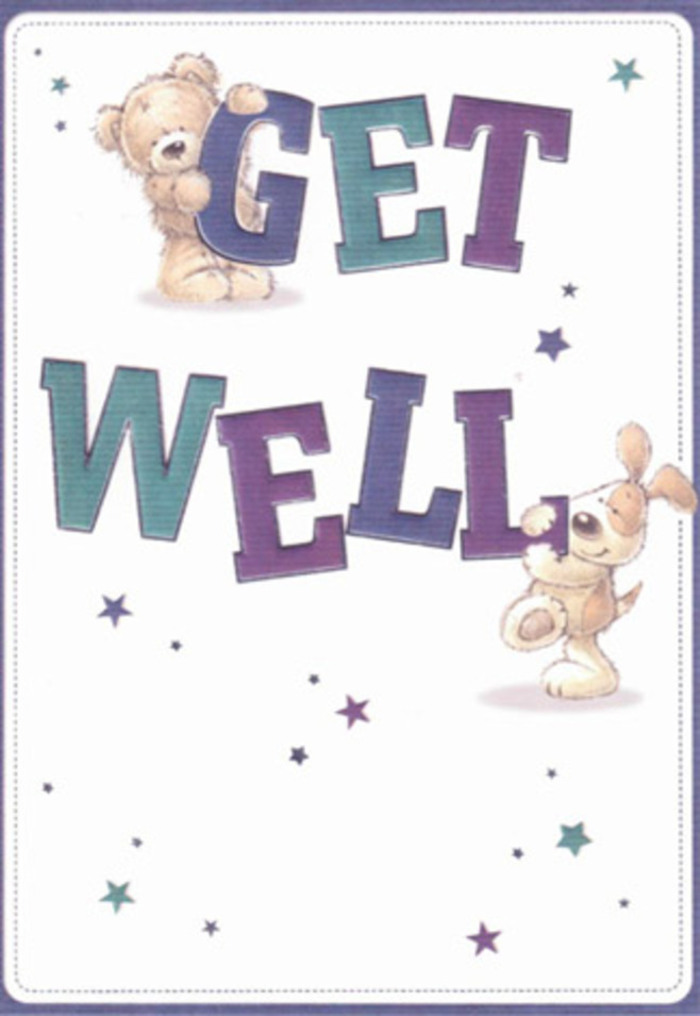 Carefully illustrated, this get well card is a visual treat, celebrating comfort and renewal through its depiction of a smiling teddy bear and a lively puppy. Both characters are infused with a palpable innocence: the bear, soft and round as if borrowed from a childhood memory at a West Drayton home, steadies the top of 'GET,' while the eager puppy adds playful balance below at 'WELL.' Their textured fur and gentle faces suggest a reassuring presence, just like the friendly greeting at a local flower shop near the canal. The bold lettering, painted in shades of purple and aqua, brings a buoyant, hopeful energy, while star-shaped accents twinkle across the creamy background-each one representing a quietly whispered wish from the heart of West Drayton. The careful composition invites the eye to move from one detail to the next, much like the thoughtful crafting of a bouquet where each element has its purpose. It's easy to imagine gifting this alongside handpicked flowers, sending not only a card but a tangible expression of genuine care. The overall feeling is one of lightness, joy, and steadfast support, perfectly suited to lift the spirits of anyone on the mend within our vibrant West Drayton neighbourhood.